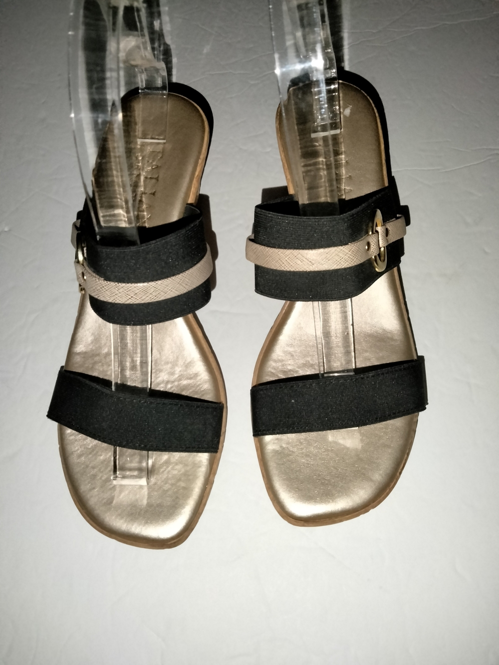 Italian Shoemakers (Size 8.5) Black & Gold Double Strap Slip-on Wedge Sandals